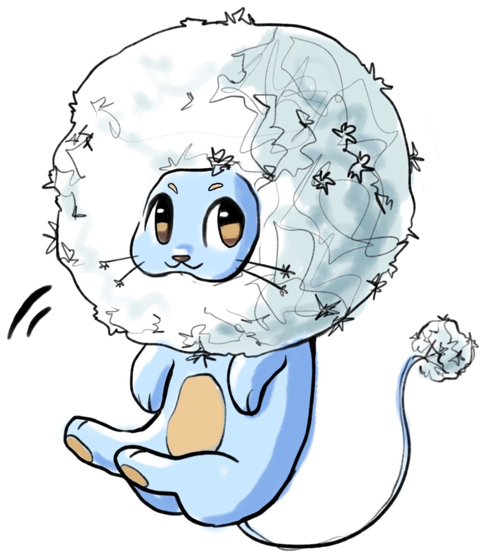 A drawing by Mavis of a small blue creature with a dandelion head