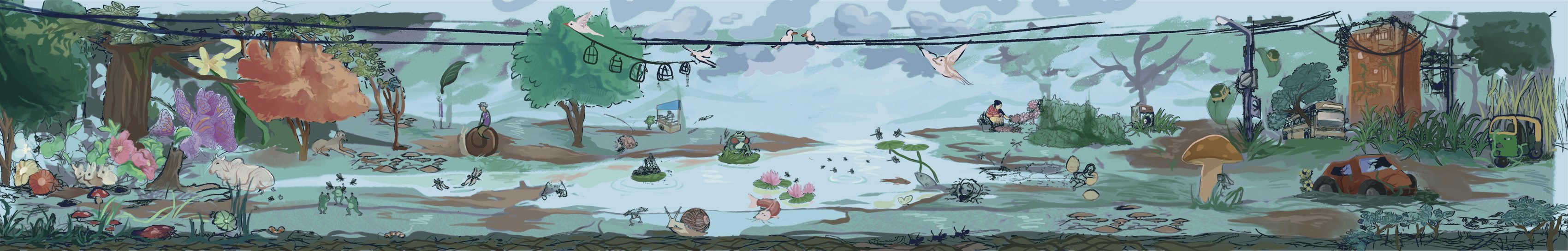 A wide panorama by Mavis of a pond ecosystem: trees, birds, frogs, insects and an overgrown car