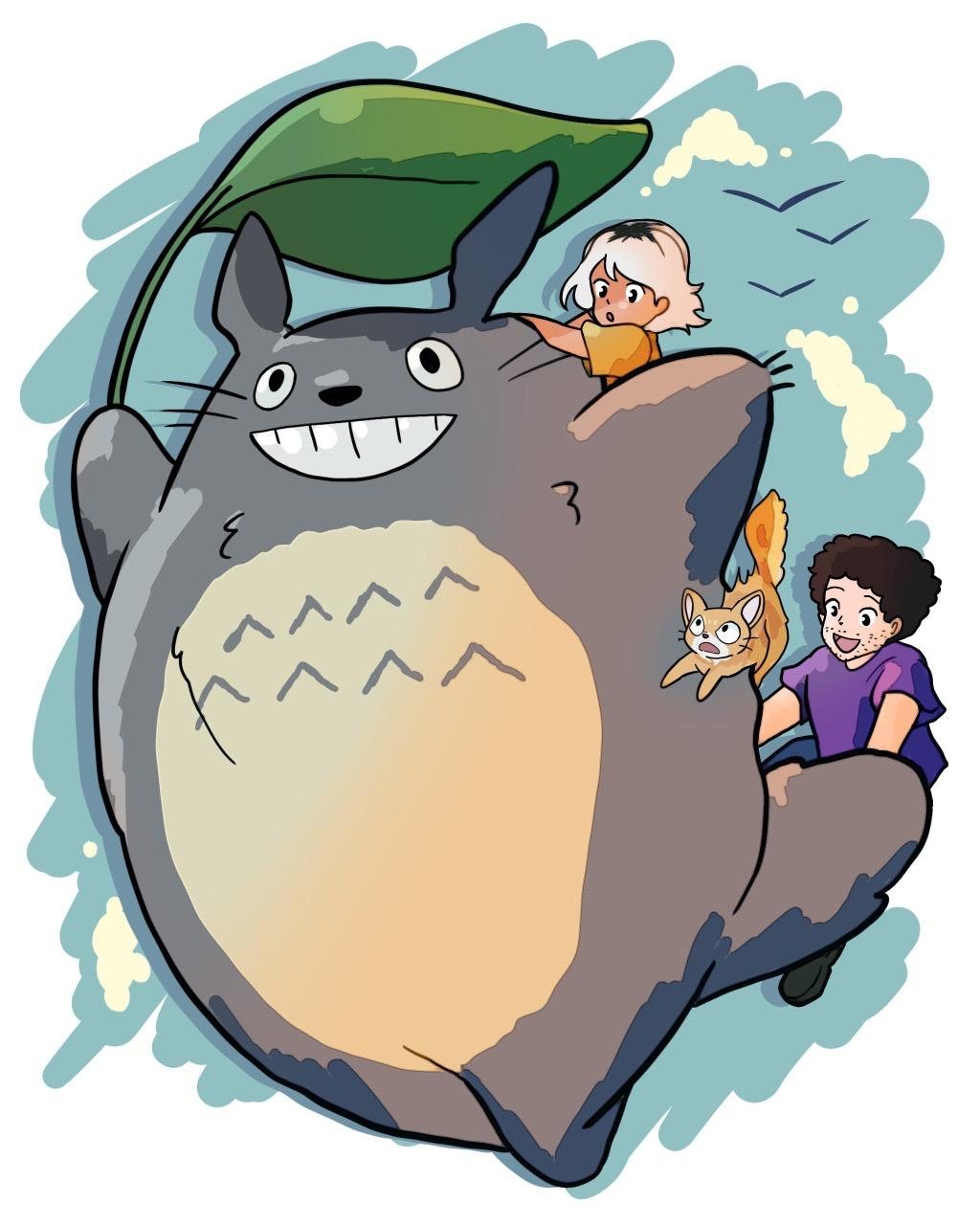 A drawing by Mavis of Totoro carrying two children and a cat